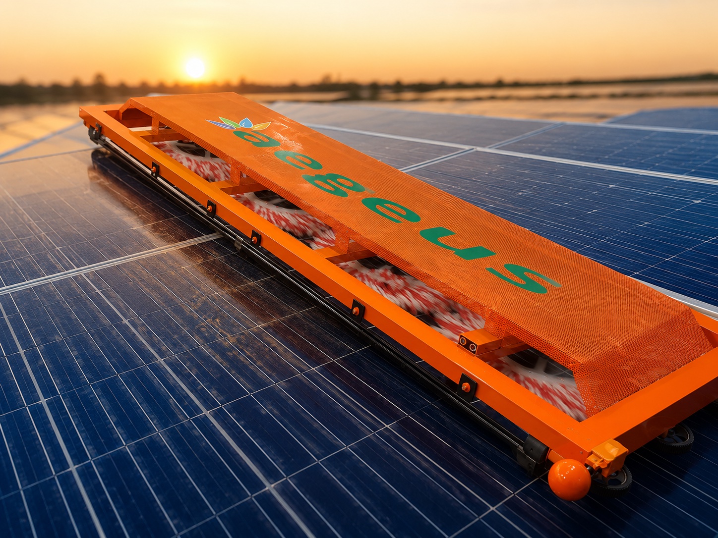 Aegeus Unicorn robot with cleaning brushes on a solar panel